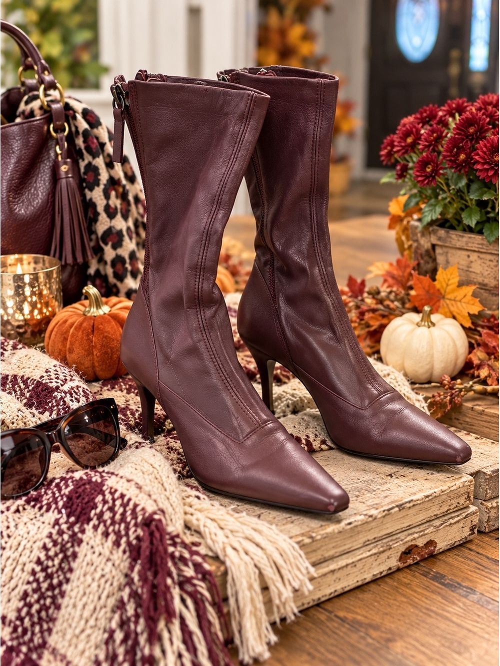 Zara Woman Burgundy Leather Square Toe Sock Boots Back Zip Stiletto Made Spain39
